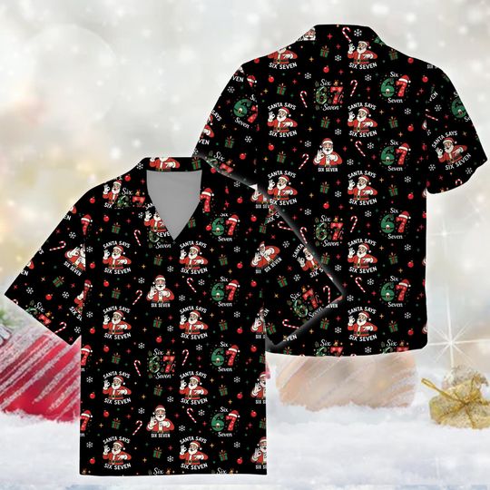 Discover Santa Six Seven Christmas Hawaiian Shirt, 6 7 Meme Christmas Button Up Shirt, Santa 6 7 Meme Christmas Shirt, Trending Six Seven Meme Shirt