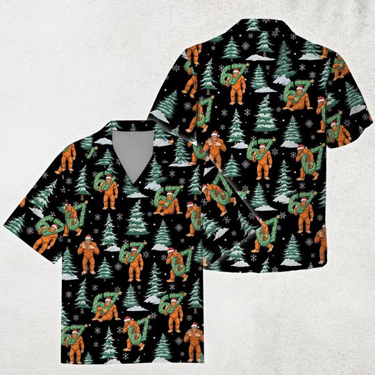 Discover Bigfoot 67 Christmas Hawaiian Shirt, Sasquatch Six Seven Holiday Button Up, Trending Six Seven Meme Xmas Shirt, Bigfoot Christmas 67 Shirt