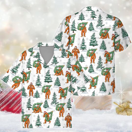 Discover Bigfoot 67 Christmas Hawaiian Shirt, Sasquatch Six Seven Holiday Button Up, Trending Six Seven Meme Christmas Shirt, Bigfoot Lover Xmas Gift
