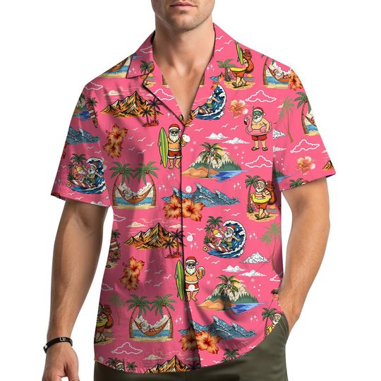 Discover Tropical Island Christmas Hawaiian Shirt for Men Women Youth, Santa Surfing Palm Tree Print, Funny Holiday Aloha Shirt Button Down