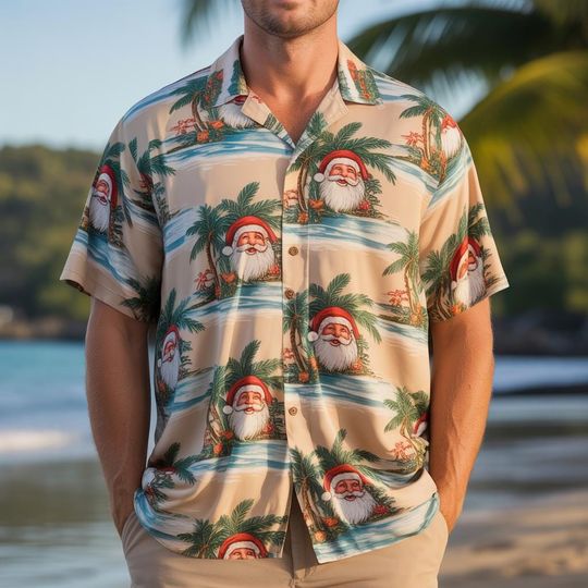 Discover Tropical Christmas Santa Hawaiian Shirt, Summer Beach Christmas Palm Tree Button Shirt, Retro Christmas Santa Shirt, Santa Hawaiian Shirt