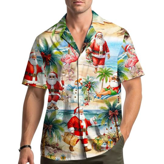 Discover Tropical Christmas Hawaiian Shirt for Men Women Youth, Santa Surfing Palm Tree Flamingo Print, Funny Holiday Aloha Shirt Button Down