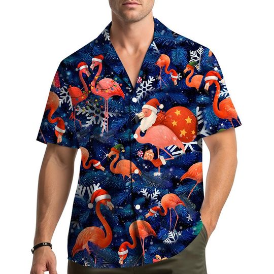 Discover Christmas Flamingo Hawaiian Shirt for Men Women Youth, Funny Santa Bird Holiday Party Shirt, Tropical Xmas Gift Button Down Shirt