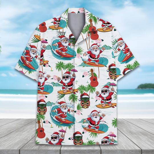 Discover Christmas in July Santa Surfing Hawaiian Shirt Men Women Youth, Funny Santa Summer Shirt, Tropical Holiday Aloha Shirt, Beach Xmas Outfit
