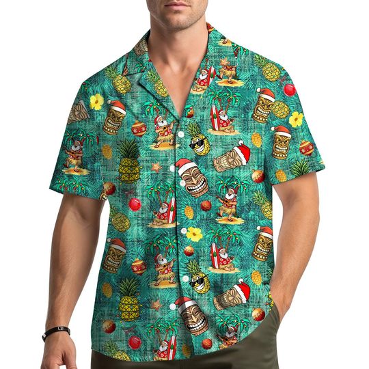 Discover Santa Tiki Surfing Christmas Hawaiian Shirt Men Women Youth, Tropical Holiday Shirt with Snowman Print, Xmas Aloha Shirt Button Down