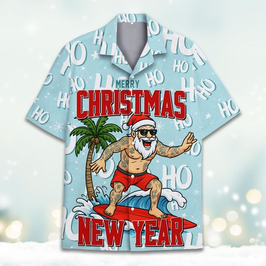 Discover Surfing Santa Christmas Hawaiian Shirt, Funny Beach Holiday Aloha Shirt for Men Women Youth, Merry Xmas & New Year Button Down Shirt