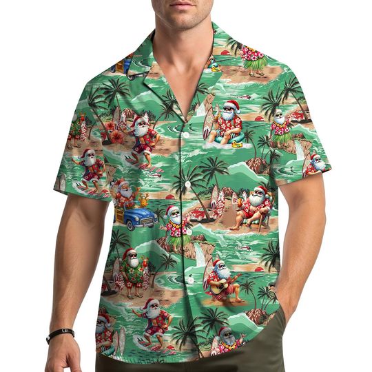 Discover Surfing Santa Hawaiian Shirt for Men Women Youth, Christmas Shirt Button Down, Funny Holiday Aloha Shirt, Tropical Xmas Top