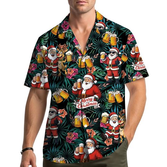 Discover Tropical Santa Drinking Beer Hawaiian Shirt Men Women Youth, Christmas Party Aloha Shirt Button Up, Santa Claus With Beer Barrels, Xmas Gift