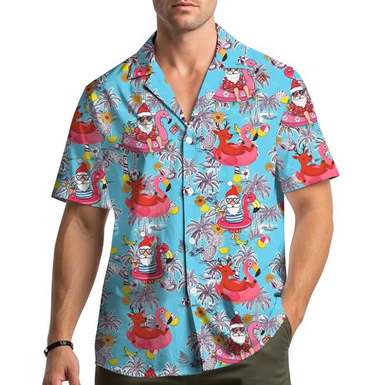 Discover Santa Flamingo Hawaiian Shirt for Men Women Youth, Christmas In July Santa Enjoy Time Shirt, Funny  Holiday Aloha Shirt, Tropical Xmas Shirt