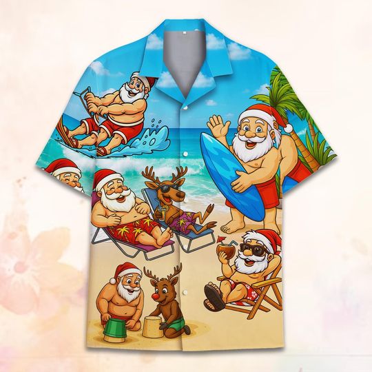 Discover Surfing Santa Hawaiian Shirt for Men Women Youth, Christmas In July Santa Enjoy Time Shirt, Funny  Holiday Aloha Shirt, Tropical Xmas Shirt
