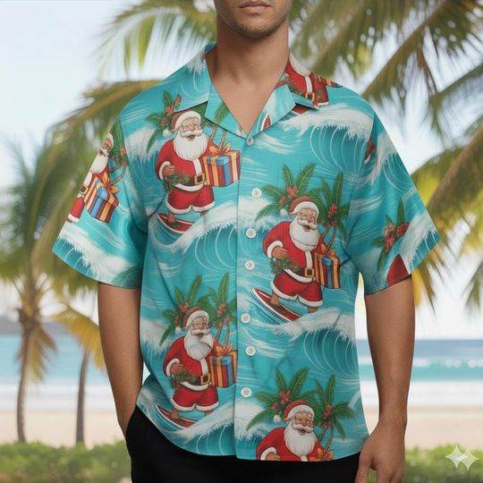 Discover Funny Santa Surfing Hawaiian Shirt, Summer Beach Christmas Palm Tree Button Shirt, Retro Christmas Santa Hawaii Shirt, Santa Hawaiian Shirt
