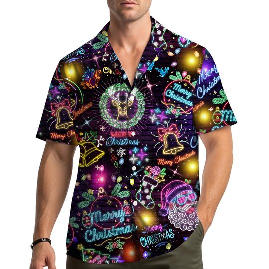 Discover Neon Christmas Hawaiian Shirt, Colorful Santa Claus Merry Xmas Lights Aloha Shirt, Funny Holiday Party Outfit for Men Women Youth