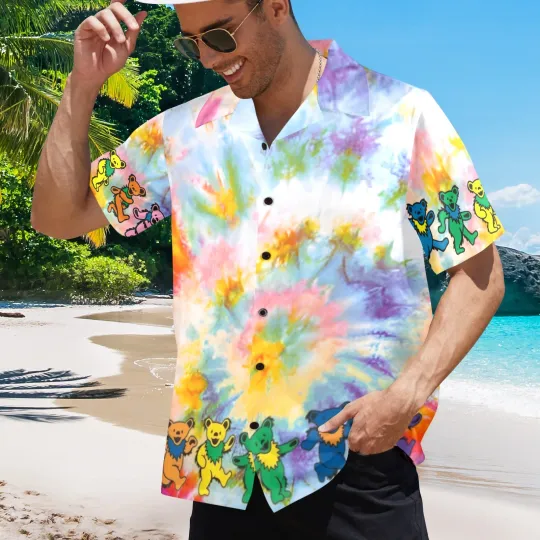 Discover Rock Music Hawaiian Button Shirt with Grateful Dead Bears Design
