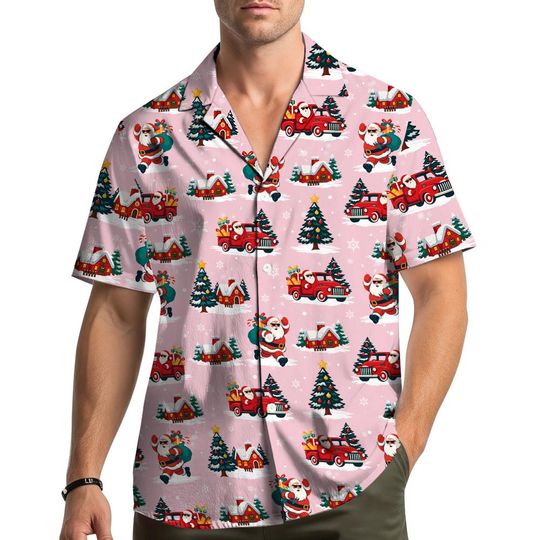 Discover Santa Claus Christmas Hawaiian Shirt, Pink Holiday Button Down, Festive Xmas Shirt for Men Women Youth