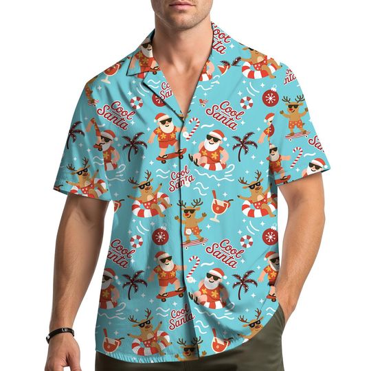 Discover Cool Santa Christmas Hawaiian Shirt, Funny Surfing Santa & Reindeer Print, Tropical Beach Holiday Aloha Shirt for Men Women Youth