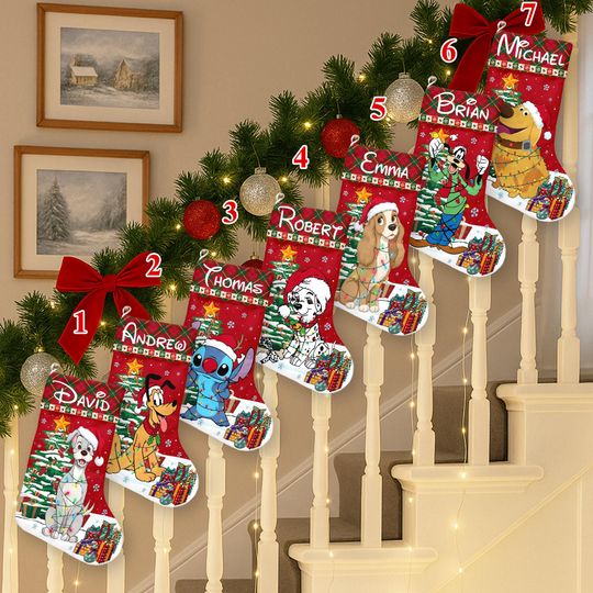 Discover Personalized Disney Dogs Disney Christmas Stockings, Custom Stitch Goofy Stockings With Name, Disneyland Dug Pluto Lady & The Tramp Stocking