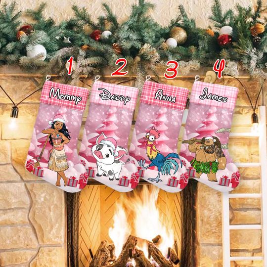 Personalize Moana Christmas Tree Xmas Stocking, Moana Pink Pastel Christmas Stockings, Maui Hei Hei Pua Christmas Socks Home Decoration