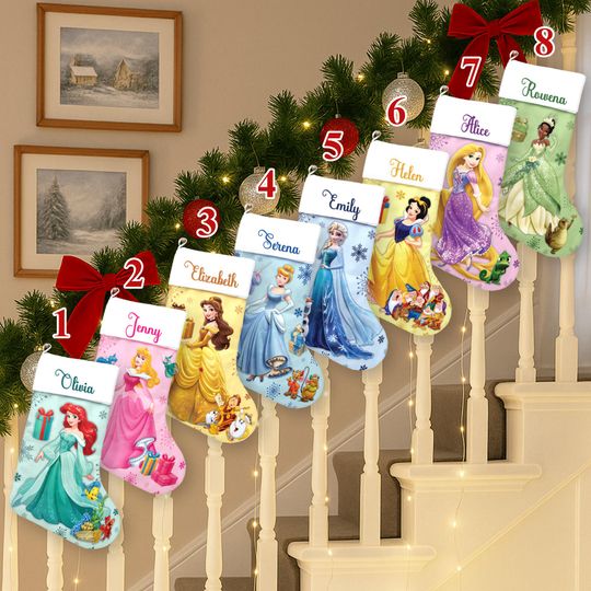 Personalized Princess Xmas Stocking, Christmas Stocking, Snow White Rapunzel Tiana Elsa Christmas Socks Home Decoration