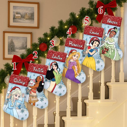 Discover Personalized Disney Princess Movie Xmas Stocking, Elsa Moana Rapunzel Tiana Christmas Stockings, Princess Christmas Sock Home Decoration