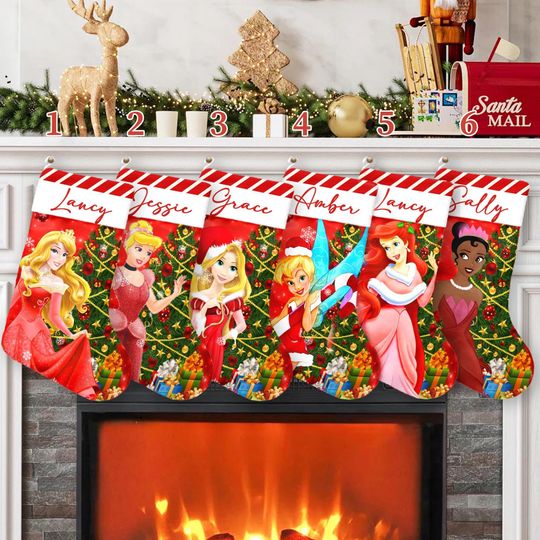 Discover Disney Princess Xmas Stocking, Aurora Cinde Christmas Stockings, Rapunzel Tinkerbell Tiana Christmas Socks Home Decoration