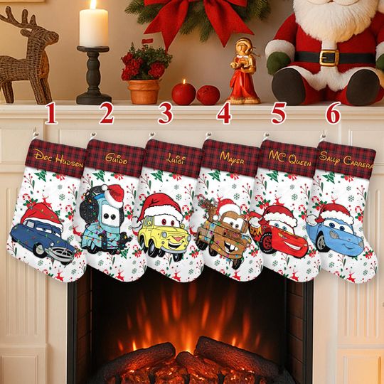 Personality Car Santa Hat Xmas Stocking, Racing Cara Christmas Stockings, McQueen Christmas Socks Home Decoration, Tow Mater Sock