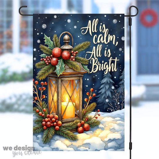 Discover Winter Garden Flag Sublimation  , All Is Calm Holiday Design, 12x18 Winter Flag  , Christmas Outdoor Decor, Christmas Lantern Design