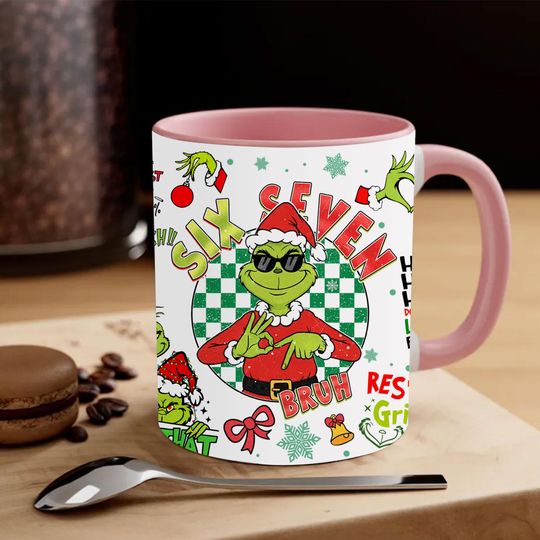 Discover Funny Gen Z Six Seven Meme Coffee Mug, Six Seven Mean Guy 11oz Mug Wrap PNG, Internet Humor Xmas 11oz Mug PNG, Xmas Cartoon 6 7 Mug Design