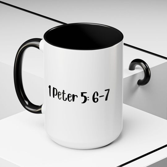 Discover 1 Peter 5: 6-7 Minimalist Black & White Mug - Scripture Verse for Daily Inspiration - Accent Coffee Mug