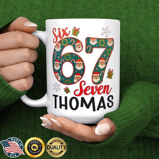 Discover Funny 67 Meme Christmas Mug | Custom Six Seven Holiday Cup | Gen Alpha Trend Gift | Personalized Funny Christmas Mug for Teens