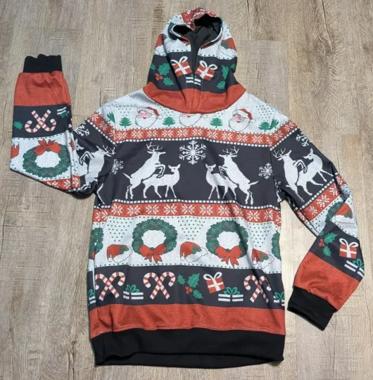 Discover Ugly Christmas Hoodie | Naughty Reindeer Santa Snowflakes Candy Canes Size L