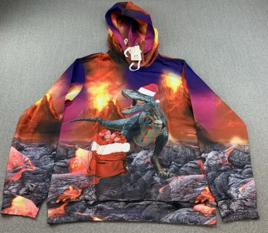 Discover Ugly Christmas Sweater Hoodie Mens Size M Santa T-Rex Gift Bag Volcano Lava Cool