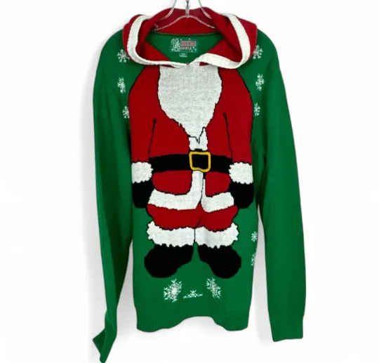 Discover Ugly Christmas Sweater Men's Hoodie Santa Sweater Size XL Green Red Pullover