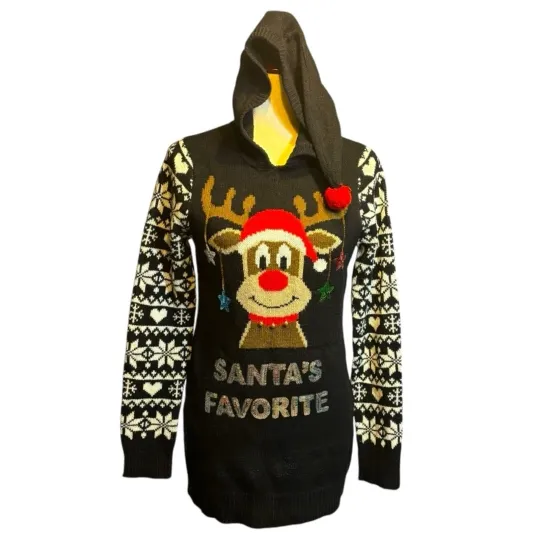 “Santa’s Favorite” Ugly Christmas Sweater Reindeer Embellished Hoodie Small