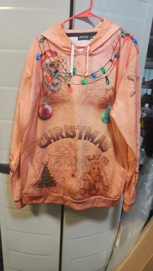 Discover Ugly Sweater Hairy Bare Chest Tattooed Christmas Hoodie Men's Size XXL