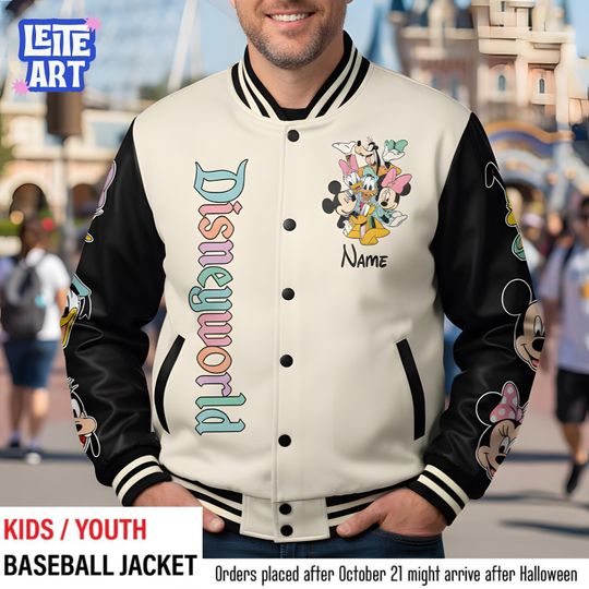 Discover Disneyworld Kids Baseball Jacket, Youth Varsity Coat, Personalized Disney Bomber for Boys and Girls, Cute Cartoon Outerwear Gift