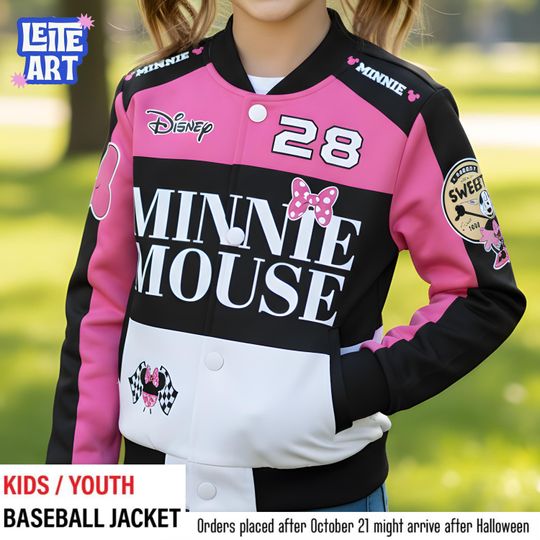 Discover Minnie Mouse Kids Baseball Jacket, Youth Pink Varsity Coat, Cute Disney Bomber for Girls, Cartoon Outerwear Gift, Trendy Disneywear