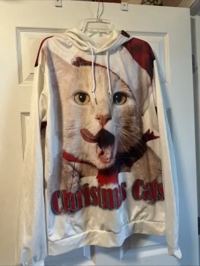 Discover Ugly Christmas “Sweater “ Funny Cat Hoodie Sweatshirt Poly/Spandex  L/XL