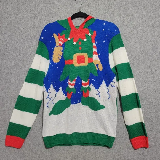 Discover Ugly Christmas Sweater Elf Hoodie Men Medium Green Holiday Hooded Party Pullover