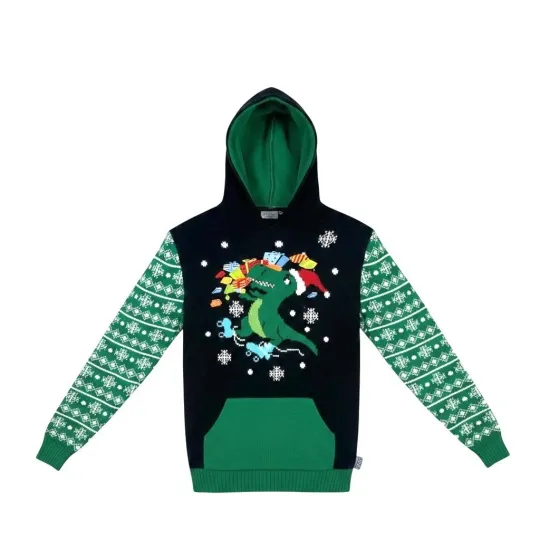 Discover Funzitez Dinosaur Christmas Hoodie Unisex M Green Black Ugly Sweater Holiday