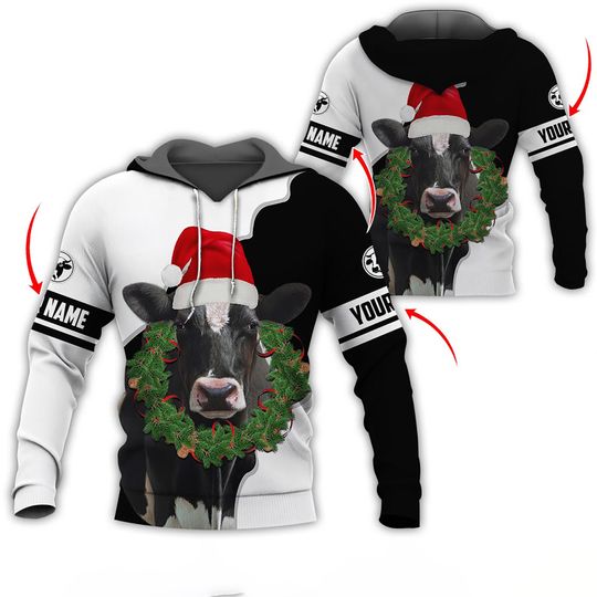 Discover Personalized Cow Christmas Hoodie, Custom Name 3D Print Sweatshirt with Santa Hat Wreath, Funny Ugly Xmas Outfit for Farmers & Cow Lovers