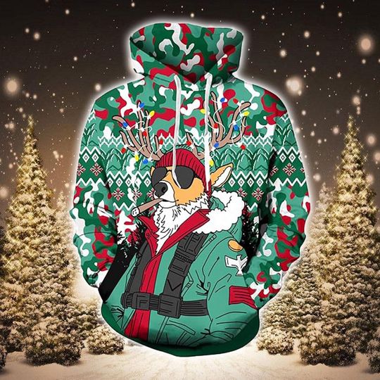 Christmas Hoodie Funny Holiday Sweatshirt with Cool Reindeer Pilot Design and Festive Camo Pattern, Bold Winter Gift for Him Her