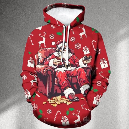 Gamer Santa Christmas Hoodie  Red All Over Print with Candy Canes, Gifts & Reindeer, Unisex Holiday Pullover, Funny Gaming Gift, Cozy
