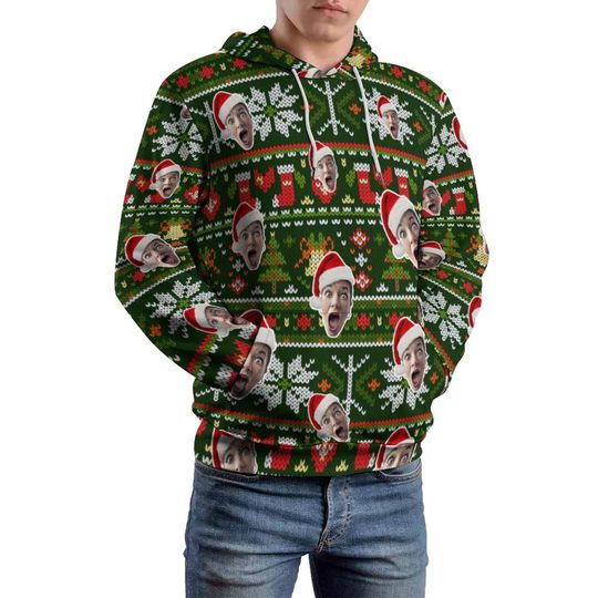Discover CHRISTMAS HOODIE. Ugly Hooded Sweater Sweatshirt Funny Jumper Randomly scattered Face with Santa Hat Personalised Photo Christmas Xmas Gift