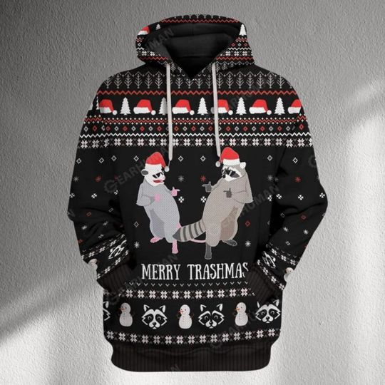 Merry Trashmas Raccoon Christmas Hoodie Funny Ugly Sweater Style Unisex Holiday Pullover, Santa Hat Trash Panda Gift for Men Women