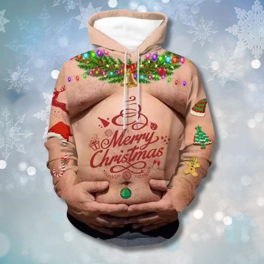 Discover Merry Christmas Hairy Belly Hoodie, Funny 3D All Over Print Ugly Sweater, Santa Belly Cosplay Gag Gift, Unisex Holiday Party Top Pullover