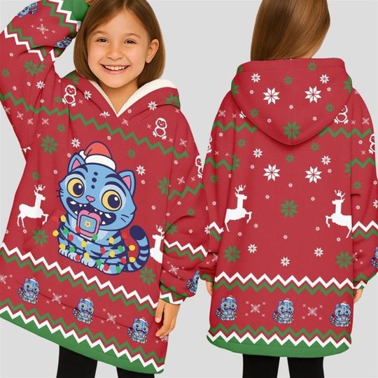 Discover Blue Cat Ugly Christmas Hoodie Blanket