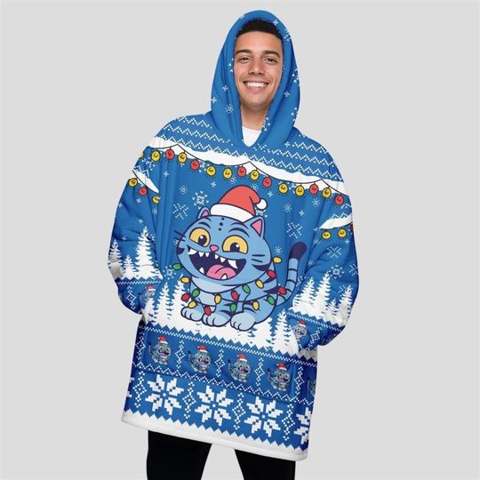 Discover Blue Cat Ugly Christmas Hoodie Blanket