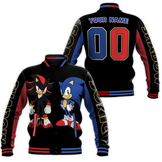 Custom Sonic And Shadow the Hedgehog Baseball Jacket, Adult Kid Youth Varsity Coat, Sonic Anime Character Streetwear