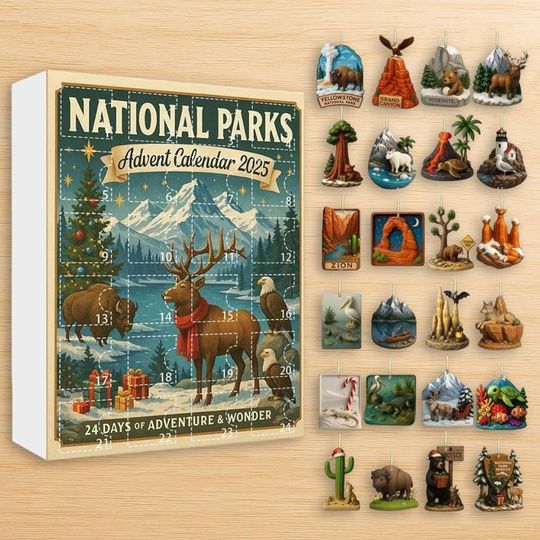 Discover Personalized National Parks Advent Calendar 2025, Custom Hiker Gift, Vintage Acrylic Ornaments, Christmas Countdown Nature Lover Decor Gift