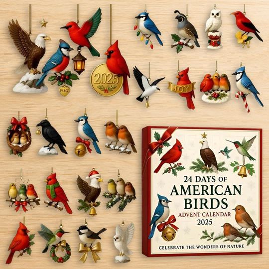 Discover American Birds Advent Calendar 2025, 24 Day Birds Figurines Vintage Christmas Ornament Countdown